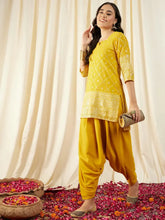Short Kurta with Low Crotch Dhoti in Yellow Color